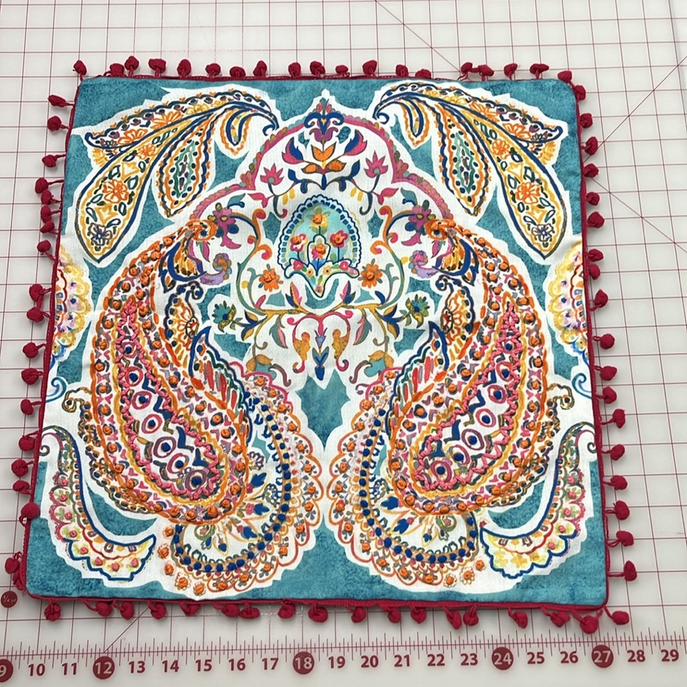 BELLA VIDA Boho Whimsy Embroidered Paisley Pom Pom Trim Pillow Cover 18" x 18"